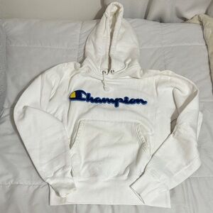 Champion White Hoodie with Blue and Yellow Logo